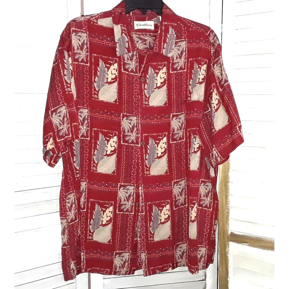Caribbean Men's Shirt Size Large Silk-Blend Button Up Hawaiian Botanical